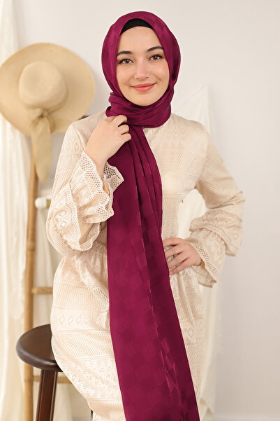 isometric Bordo Dama Desenli Jakarlı Parlak Şal