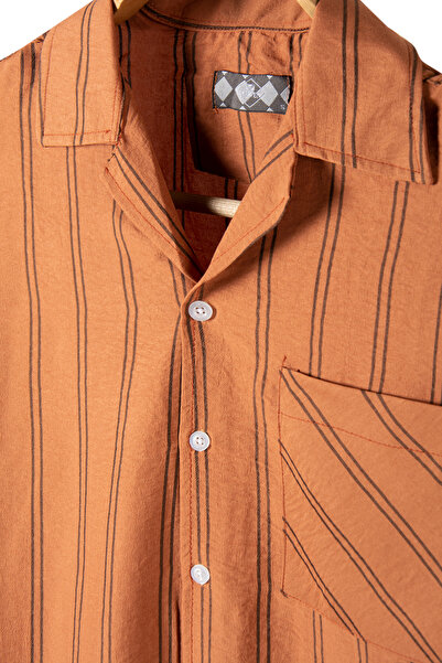 Terapi Men Erkek Kiremit Uzun Kollu Cepli Pamuk Slim Fit Çizgili Yazlık Gömlek