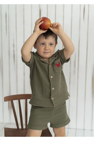Kirazkids Khaki Green Crab Shirt and Shorts Set - Muslin