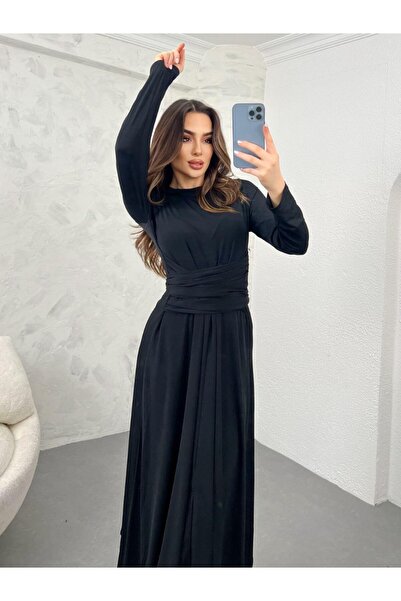 guller tekstil KADİN ELBİSE UZUN KOL LİGRALI KÜMAŞ BELİ BAĞLAMALI