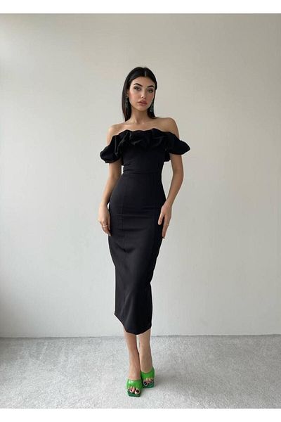 Afiş Butik Μαύρο Μίντι Φόρεμα Off Shoulder
