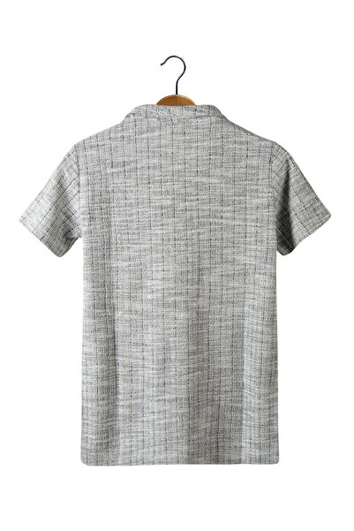 VEAVEN Erkek Gri Kısa Kollu Slim Fit Çizgi Desenli Pamuklu Yazlık Gömlek