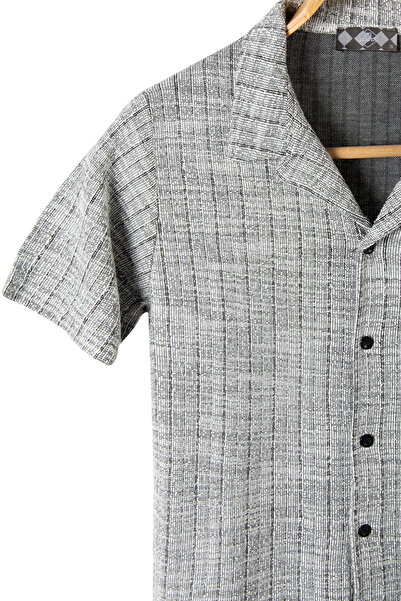VEAVEN Erkek Gri Kısa Kollu Slim Fit Çizgi Desenli Pamuklu Yazlık Gömlek