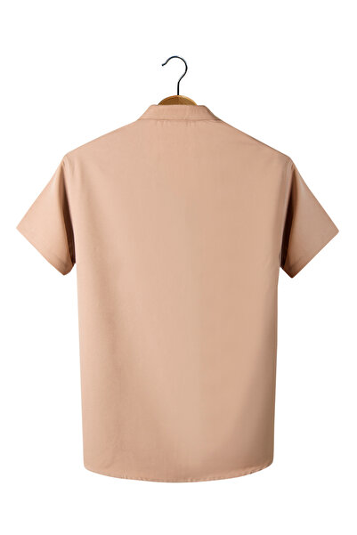 ADEGO Erkek Bej Kısa Kollu Çift Cepli Rahat Kalıp Yazlık Gömlek