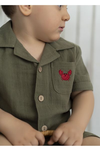 Kirazkids Khaki Green Crab Shirt and Shorts Set - Muslin