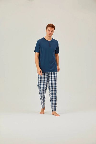 Pamuk & Pamuk Men's Short Sleeve Cotton-Modal Pajama Set - Plaid Patterned Bottom