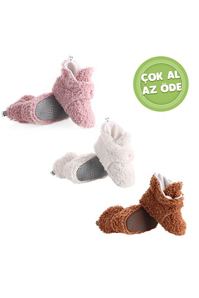 Ella Bonna 3-Piece Economical Shoe Set - Non-Slip Base, Teddy Fabric, Powder-White-Brown