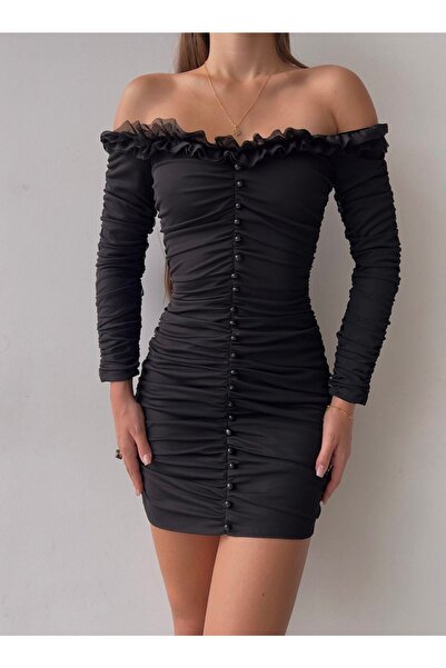 Afiş Butik Siyah Kayık Yaka Önü Boydan Düğmeli Elbise