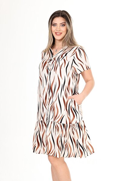 Eceyaman moda kadın beyaz kahverengi önü düğmeli etek ucu fırfırlı elbise