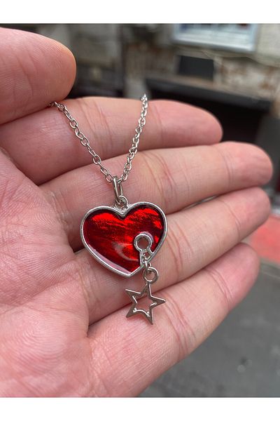 Köstebek Star Patterned Red Heart Necklace