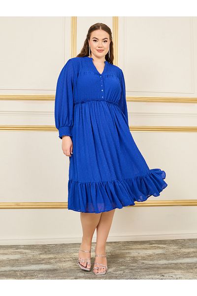 Styli Plus Dobby Ruffle Detail A-Line Midi Dress