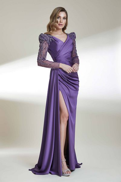 Kenzel Long V-neck Transparent Sleeve Slit Dress