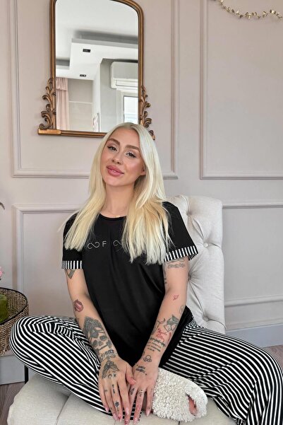 Pijamaevi Infinity Patterned Black Bamboo Women's Pajamas Set - Short Sleeve