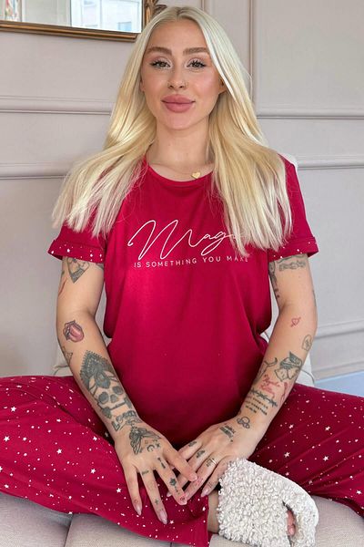 Pijamaevi Set de pijamale pentru damă cu mânecă scurtă din bambus - cu model magic Burgundy