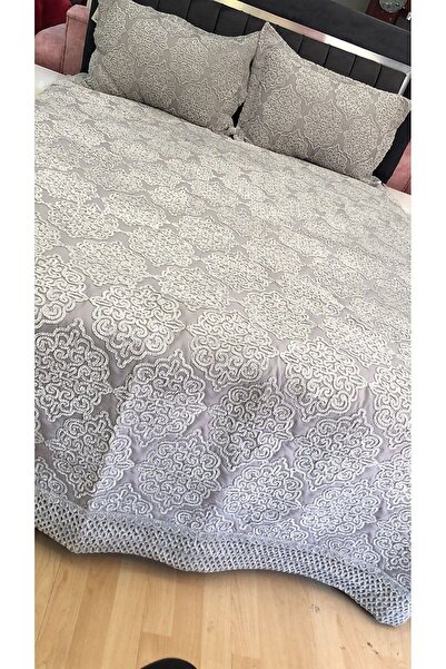 Genel Markalar Zen Zara Nakışlı Çift Kişilik Yatak Örtüsü Gri