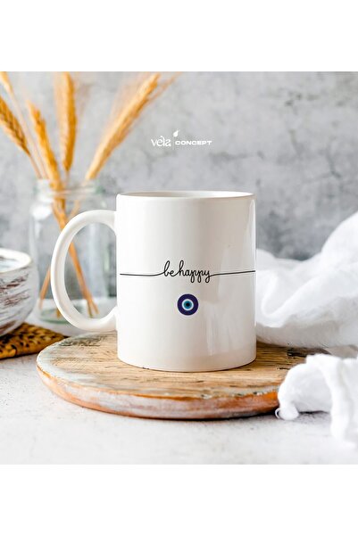 HobiShop Kişiye Özel Isimli Nazar Boncuklu Be Happy Minimal Kupa Bardak