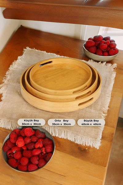 Akkoyunlu home 3 Size Round Bamboo Tray Set