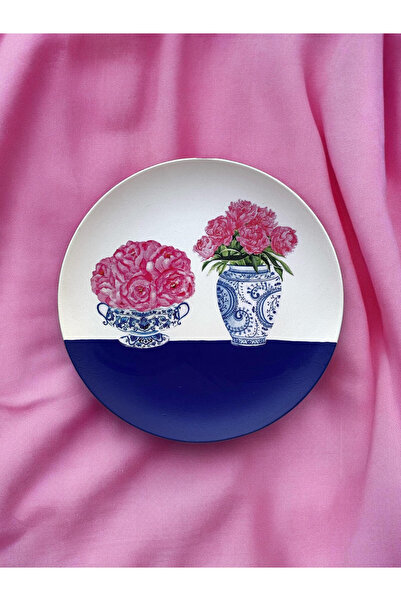unique florya Blue Blanc Çiçekli Duvar Tabağı Dekoratif Bahçe Balkon Mutfak S...