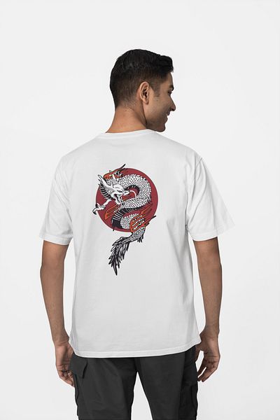 Harmandar Tricou oversize unisex alb cu imprimeu Dragon - 100% bumbac, croială confortabilă