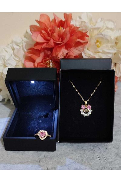 HKN AVM ACCESSORİES Gold Colored Pink Jewelled Lighted Necklace - S Ring Serious Relationship Ring
