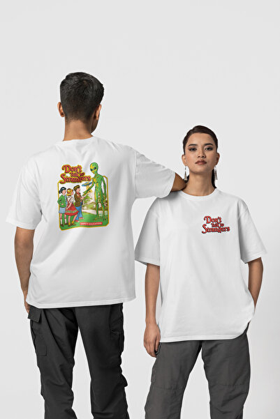 Harmandar Tricou oversize unisex, 100% bumbac, cu imprimeu Alien alb