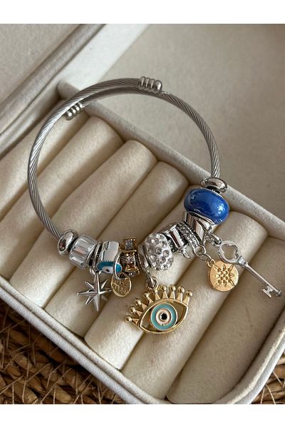 Novas Blue Single Eye Themed Steel Pndr Charm Bracelet - Silver