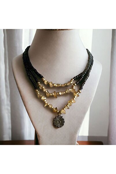 LeylanTakı قلادة نسائية سوداء مكونة من ثلاث طبقات من الحجر الطبيعي المكسور