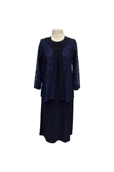 HESNA Navy Blue Bunched Evening Dress Set with Jacket
