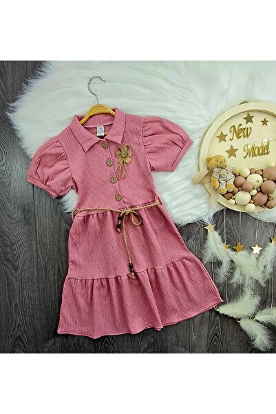 minitrends Rochie pentru fetiță cu nasturi din lemn cu broșă și curea - țesăt...