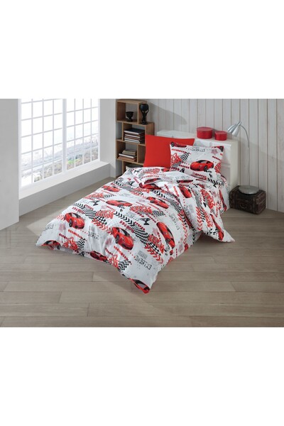 LATTE TEKSTİL Red Car Patterned Cotton Ranforce Duvet Cover Set for Children and Teens