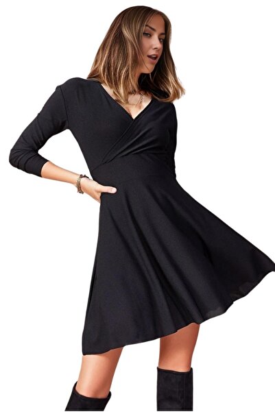 Cassime Γυναικείο φόρεμα με διπλό στήθος μαύρο πλεκτό μακρυμάνικο Lycra V-λαιμόκοψη