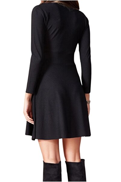 Cassime Γυναικείο φόρεμα με διπλό στήθος μαύρο πλεκτό μακρυμάνικο Lycra V-λαιμόκοψη