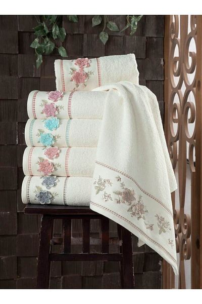 Fiesta 50x90 Cm Daisy 3D Embroidered 100% Curl White 6 Pieces Hand Face Towel Set