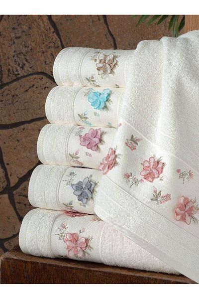 Fiesta 50x90 Cm Daisy 3D Embroidered 100% Curl White 6 Pieces Hand Face Towel Set