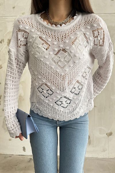 MODAMERSİ Bluză de damă, albă, cu pompon, tricotaj ajurat