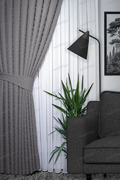 MARİTSA Бохемска сива завеса с помпон - серия лен, претеглена, плътно плисира...