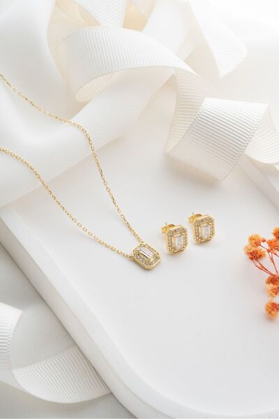 Silvano Jewelry 925 Ayar Gümüş Gold Baget Zirkon Taşlı Kolye Küpe Seti