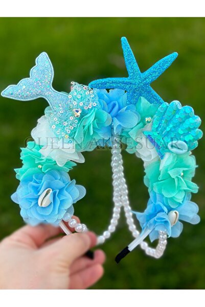 Queen Nelly lüks tasarım deniz kızı kabuğu kuyruğu incili yıldız çiçekli doğum günü parti tacı pullu taç mavi