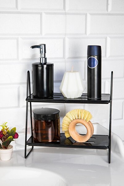 Doreline Siyah Metal Banyo Köşe Rafı Tezgah Üstü Düzenleyici Banyo Rafı Baharatlık