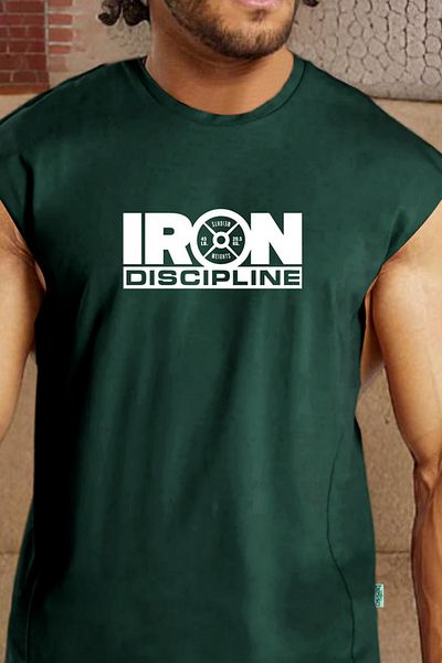 BESSA Men's Oversize Cotton Sleeveless T-shirt - Iron Discipline Printed, Crew Neck Tank Top