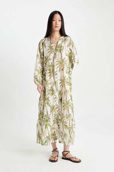 DeFacto Be in Love Print Langärmliges Maxi-Strandkleid - B5790AX24SM