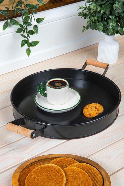 Doreline Metal Black Serving Tray with Wooden Handles 29cm, Coffee Tray, Presentation Tray, Breakfast Tray