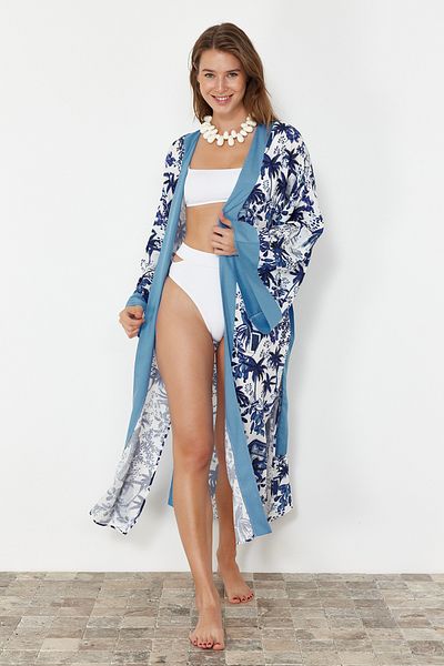 Trendyol Collection Tropical Patterned Belted Maxi Woven Kimono&Kaftan TBESS24KM00024