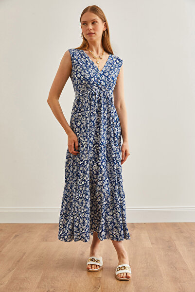 Olalook Zweireihiges Maxi-Strickkleid mit Daisy-Indigo-Muster - ELB-19002125