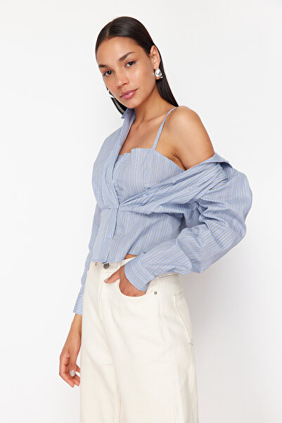 Trendyol Collection Blue Strapped Blouse Detailed Striped Woven Shirt TWOSS24...