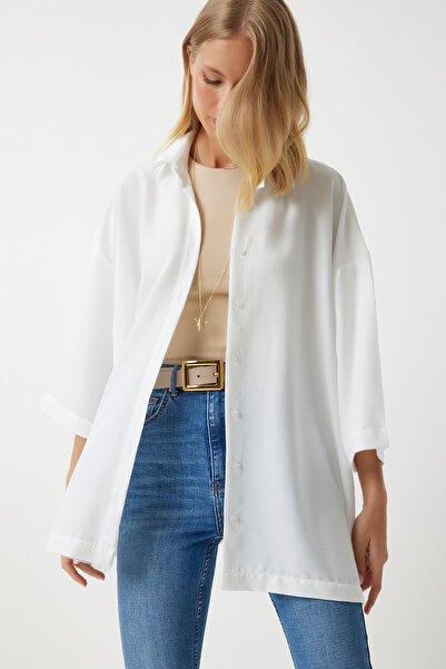 Happiness İstanbul Női fehér hasított puha textúrájú kötött ing BF00092