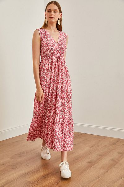 Olalook Zweireihiges Maxi-Strickkleid mit Daisy-Pink-Muster - ELB-19002125