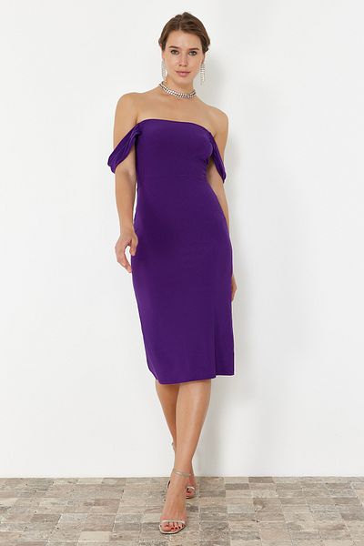 Trendyol Collection Carmen Collar Purple Knitted Evening Dress - TPRSS24EL00215