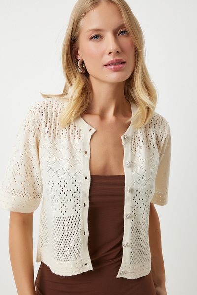 Happiness İstanbul Cremefarbene Strickjacke aus durchbrochenem Strick für Damen - Saisonal OW00045