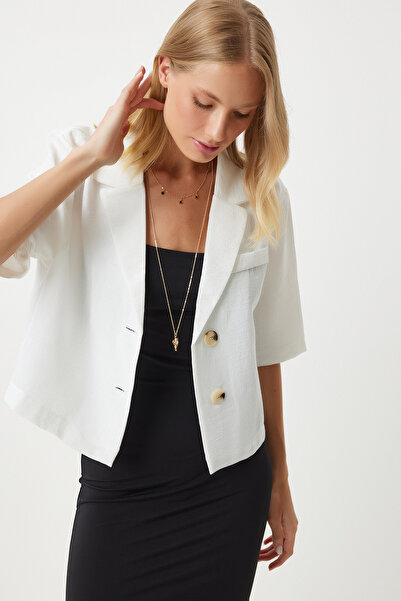 Happiness İstanbul Biała lniana marynarka koszulowa - szalowy kołnierz, sezonowa DD01327